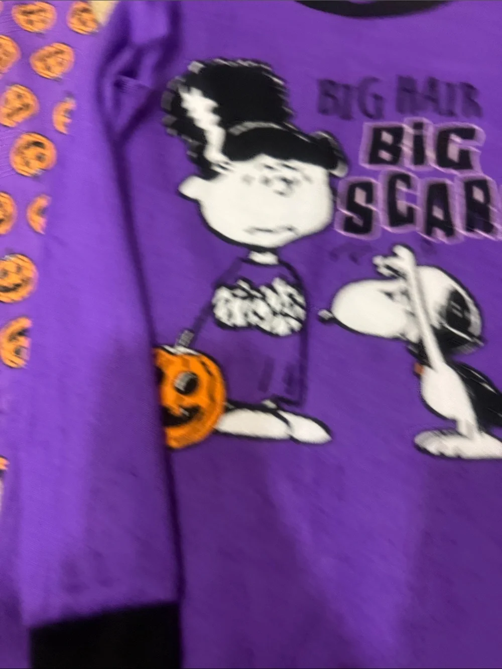 Peanuts Kids Purple and Black Halloween Pajama Set with Orange Pumpkin Print